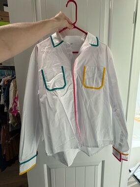 White Button-Down Shirt with Multicolor Trim